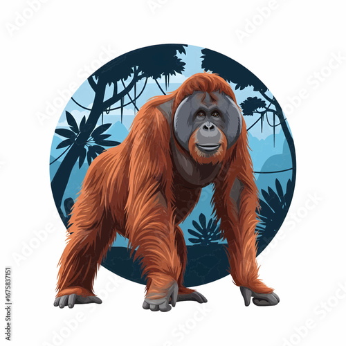 Vector Illustration of Orangutan Standing Outside Circular Rainforest Habitat
