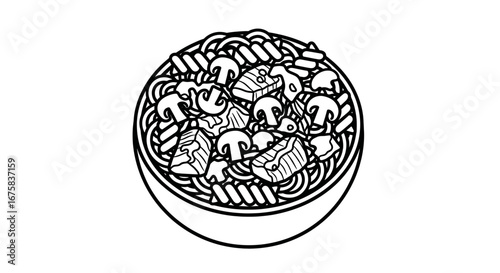 Minimalist line art illustration of pasta dish with mushrooms and protein in bowl