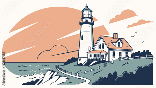 Vector of lighthouse near ocean cliff with summer sunset sky, flat modern style, white background