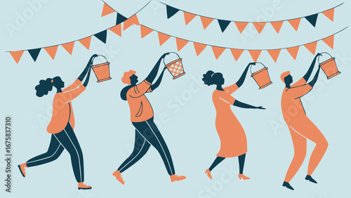 Vector illustration of a summer festival scene, people dancing with lanterns and bunting, flat colorful design, white background
