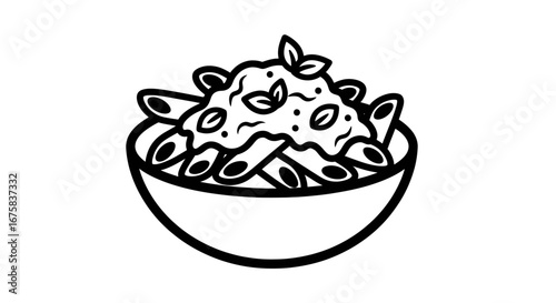 Minimalistic illustration of a bowl of penne pasta with sauce and basil leaves featuring vector