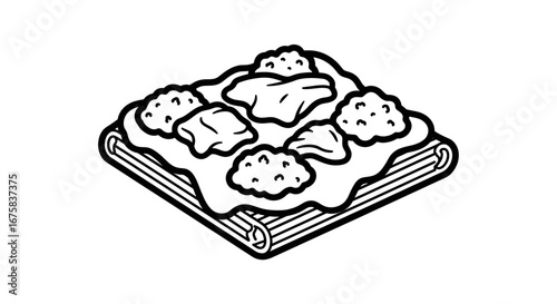 Monochrome artistic illustration of food plate featuring meat and sauces minimal style