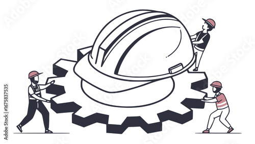 Vector construction helmet on top of gear symbol, flat modern design, white background, Labor Day icon
