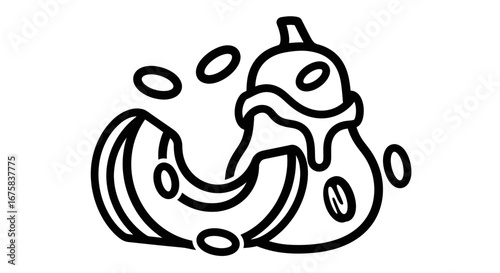 Stylized line drawing of calabash squash, sliced and whole, in a simple decorative arrangement