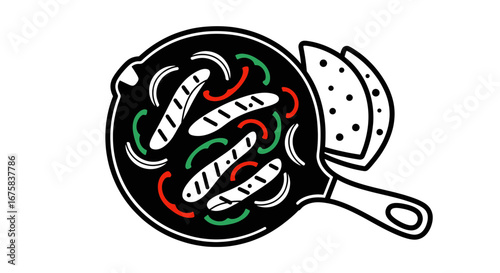Stylized illustration of sizzling fajitas with bell peppers and onions in skillet