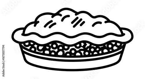 Stylized monochrome line art illustration featuring a pie with fruit filling  and decorative crust