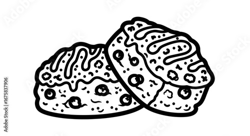 Whimsical monochrome illustration of two delectable chocolate chip cookies doodle art