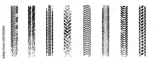 Traces of car, motorcycle tread. Curved realistic traces of tires of wheels from different types of tread vector png. Car wheels on disks.	
