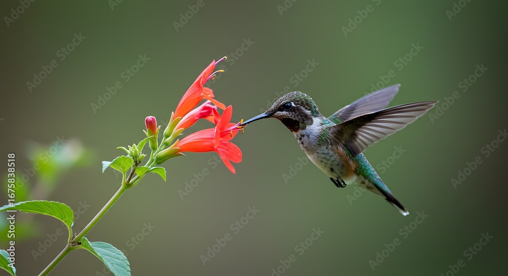 Fototapeta premium A vibrant hummingbird hovers near bright crimson flowers, showcasing a delicate interplay of nature's colors and flight.