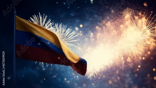 Venezuelan flag waving proudly against a backdrop of spectacular fireworks displays.