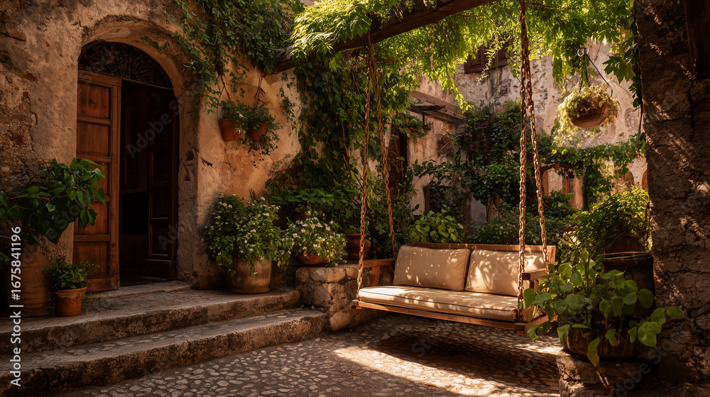Rustic swing in France courtyard with lighting Rustic swing in France courtyard with lighting