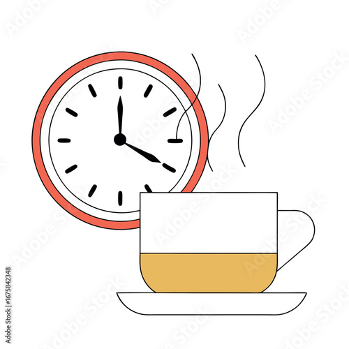 Vector art of a clock showing 940 next to a steaming cup of coffee on a saucer