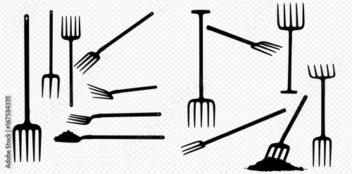 Collection of pitchfork silhouettes in various sizes and positions, illustrating agricultural tools.