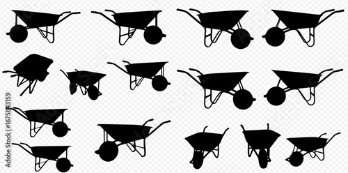 Collection of wheelbarrow silhouettes in various angles and positions.