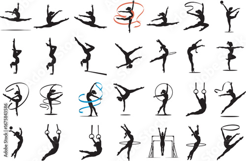 black silhouettes of human figures doing various yoga poses, minimalist art style, high contrast, monochrome

