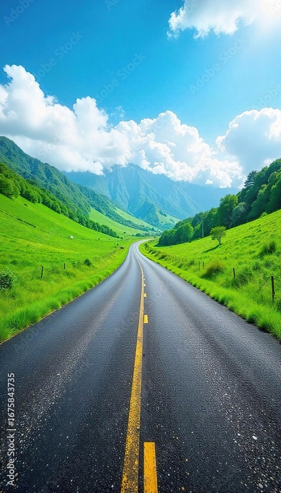 Fototapeta premium A winding asphalt road disappears into the distance, flanked by lush green hills under a vibrant blue sky The perspective creates a sense of journey and exploration , vibrant, freedom, curve