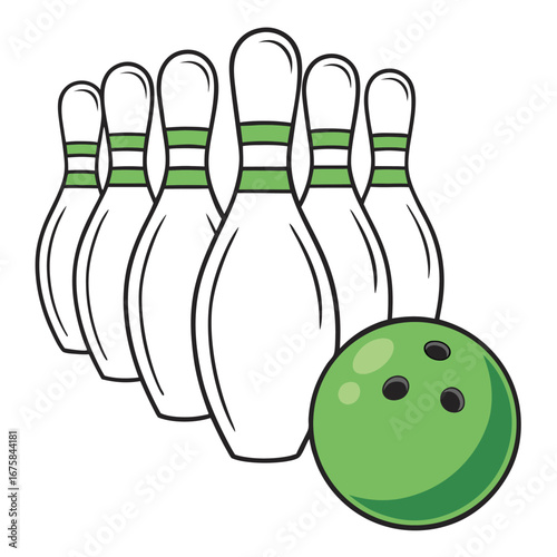 A set of six bowling pins and a bowling ball. The pins are white with two thin green stripes, and they are arranged in a triangular formation. The bowling ball is a solid green color with three black.