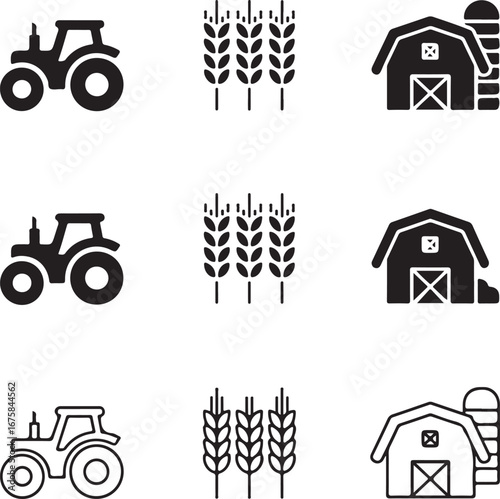 Collection of black farm icons including tractors wheat and barns silo
