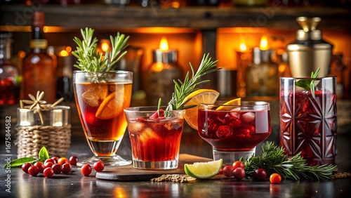 Photo of a collection of festive holiday cocktails garnished with rosemary and cranberries, served in elegant glasses on a wooden bar counter with blurred background lights