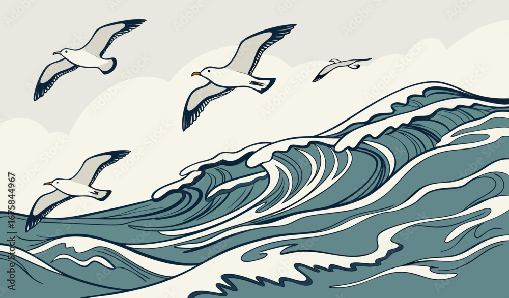 Obraz premium Flock of seagulls flying over choppy ocean waves birds 