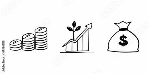 Illustration showing growth with coins, a plant growing from a graph and a money bag with dollar sign
