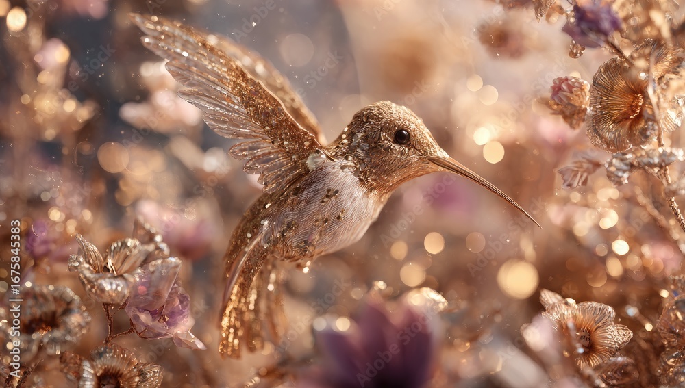 Fototapeta premium Golden hummingbird in flight, surrounded by flowers and glittering light