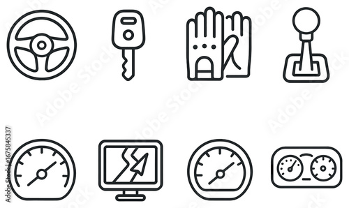 Automotive linear icon set. featuring steering wheel, car key, gloves, gear shift, speedometer, and dashboard symbols