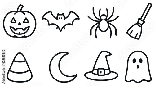 Halloween linear icon set. featuring pumpkin, bat, spider, broom, candy corn, moon, witch hat, ghost symbols