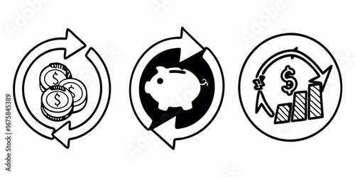 Illustration showing money circulation with coins piggy bank and growth chart in circular arrow frames