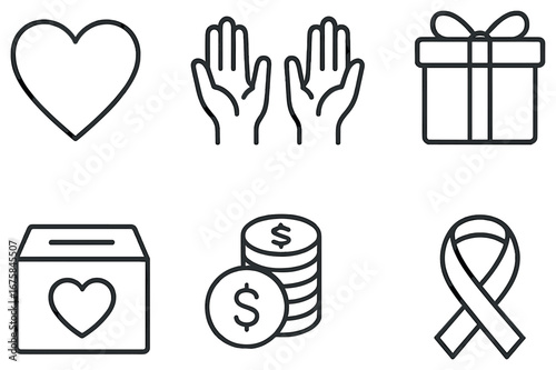 Charity and donation linear icon set. featuring heart, hands, gift, box, coins, and ribbon symbols