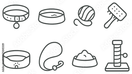 Pet care linear icon set. featuring collar, food bowl, yarn, brush, tag, scoop, and scratching post symbols