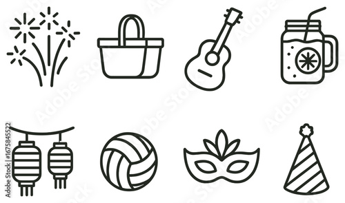Festival celebration linear icon set. featuring fireworks, basket, guitar, drink, lanterns, volleyball, mask, party hat