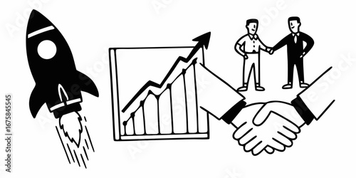 Illustration of a rocket launching with a graph showing growth and a business handshake deal
