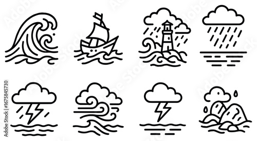 Nautical weather linear icon set. featuring wave, ship, lighthouse, rain, storm, clouds, and rocks symbols