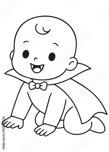 coloring book baby dressed as vampire crawling happily in halloween style