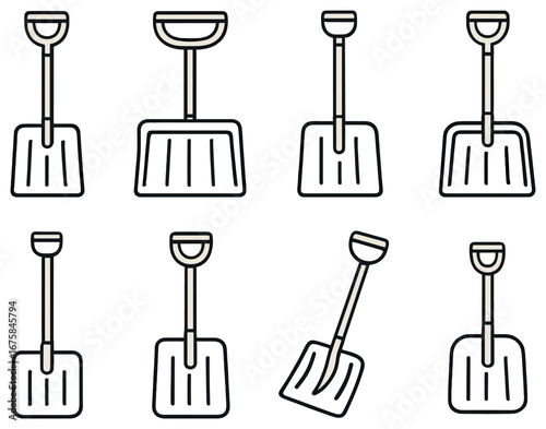 Gardening tools linear icon set. featuring shovel, spade, trowel, hoe, and rake symbols