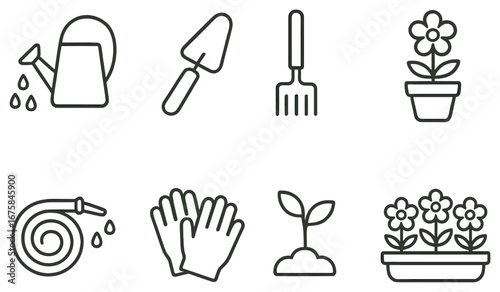 Gardening tools linear icon set. featuring watering can, trowel, rake, flowerpot, hose, gloves, plant, flower box symbols