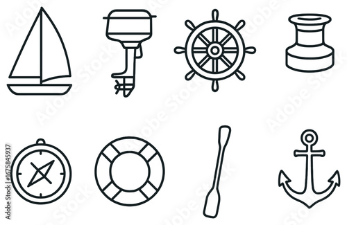 Marine equipment linear icon set. featuring sailboat, motor, wheel, winch, compass, life buoy, oar, anchor