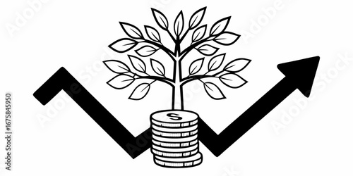 Illustration of a money tree growing from a stack of coins with upward trending arrows around it
