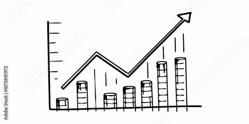 Hand drawn bar graph with an upward trending arrow indicating growth and positive financial results