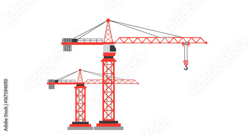 Two Red Tower Cranes, Construction Equipment Illustration.