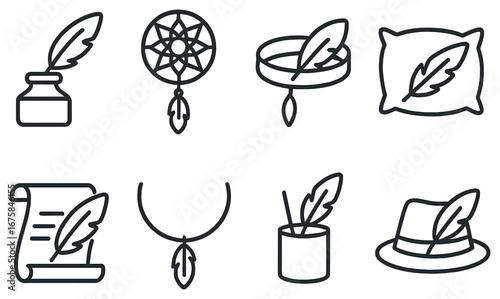 Dream and writing linear icon set. featuring ink, dreamcatcher, hat, necklace, and pillow symbols