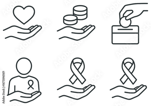 Charity and donation linear icon set. featuring heart, coins, giving, awareness ribbon, and support symbols
