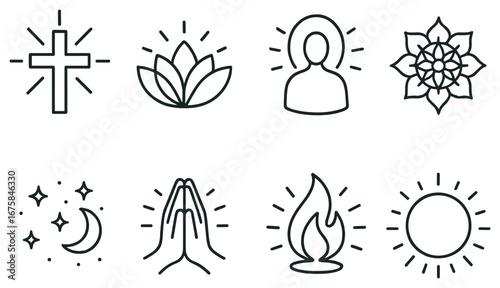 Spiritual and religious linear icon set. featuring cross, lotus, saint, mandala, stars, moon, prayer, flame, sun