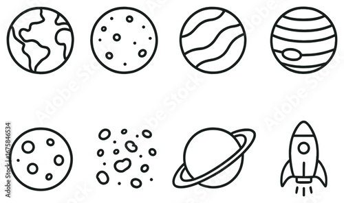 Space exploration linear icon set. featuring rocket, planets, asteroids, and celestial bodies