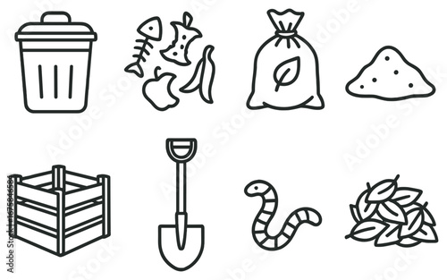 Composting linear icon set. featuring trash bin, food waste, compost bag, soil, crate, shovel, worm, leaves