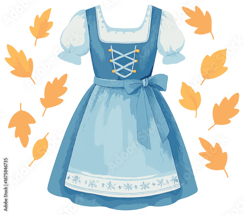 Traditional bavarian dress with autumn leaves 3d icon set. featuring dirndl and festive design elements