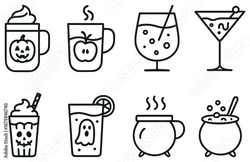 Halloween drinks linear icon set. featuring pumpkin, apple cider, cocktail, martini, soda, and cauldron symbols