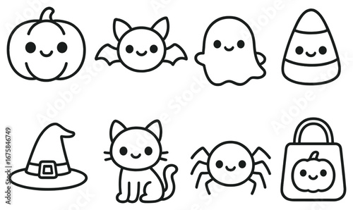 Halloween linear icon set. featuring pumpkin, bat, ghost, candy corn, witch hat, cat, spider, and tote