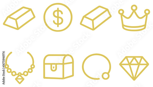 Treasure and wealth glowing icon set. featuring gold bars, dollar sign, crown, necklace, chest, coin, and diamond symbols
